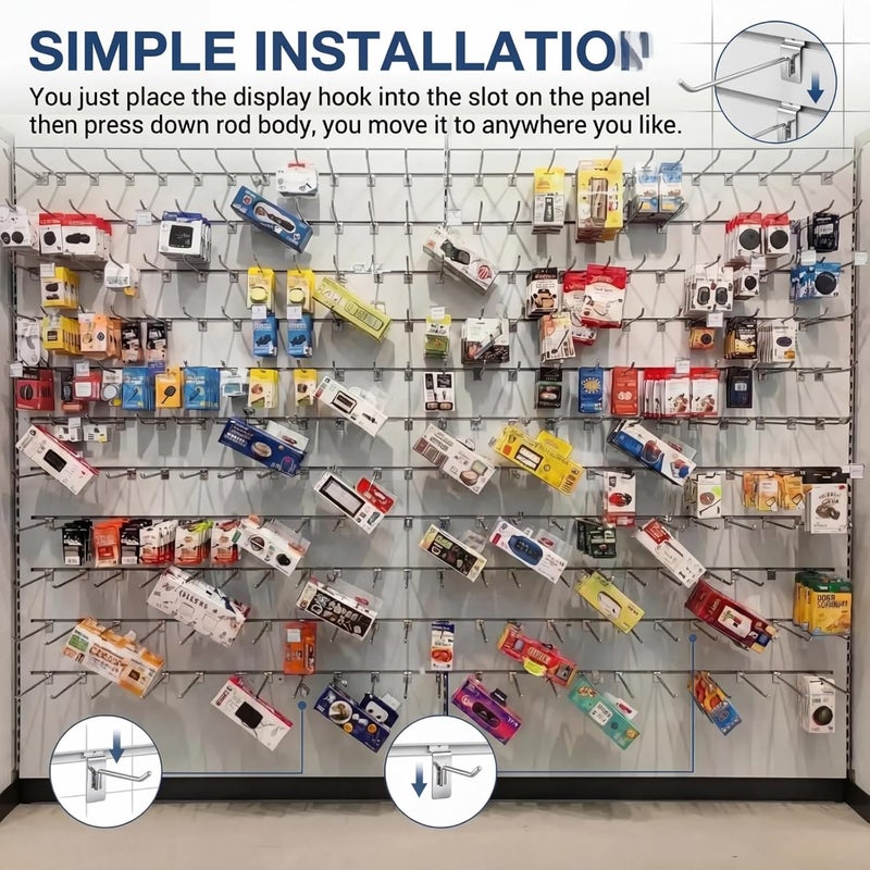 Ferraycle 24 Pack Slatwall Hooks 4/6/8 Inch Heavy Duty Slat Wall Hanging Hook and Hanger Slatwall Panel Accessories Assortment Display Hooks for Garages, Sheds, Basements, Shop, Retail Stores(Silver) - Image 4